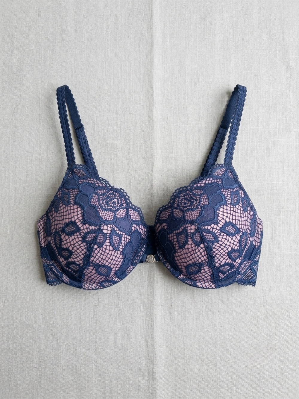La Vie En Rose Navy Lace Overlay Pink Lined Bra